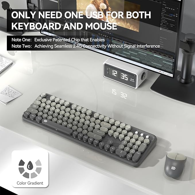 Wireless Keyboards Mouse Combos, Colorful Cute Typewriter Full-Size Retro Creamy Keyboard, 2.4GHz Sleep Mode Office Quiet Wireless Keyboard and Mouse Set for Desktop Laptop PC Computer-Black