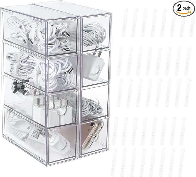 Yesesion 2 Pack Clear Plastic Cord Organizer Drawers, Cable Storage Box with 40pcs of Wire Ties, Large Electronics Management Display Case for Desk Accessories, Office Supplies