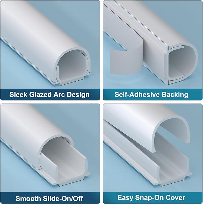 ZhiYo 113in Cord Covers for Wires on Wall, One Cord Hider Wall, Self-Adhesive Wire Covers for Cords, Paintable TV Cable Hider Cable Management Kit, 8X L14.2in, W0.5in H0.4in, White