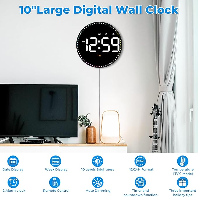SZELAM Digital Wall Clock,10" Digital Clock Large Display with Remote Control,Adjustable Brightness, Calendar, Temperature, 12/24 H, for Living Room Office Bedroom Elderly Adults