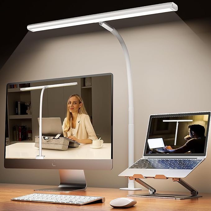 LED Desk Lamp for Office Home, Eye-Caring Desk Light with Stepless Dimming Adjustable Flexible Gooseneck, 10W USB Adapter Desk Lamp with Clamp for Reading, Study, Workbench