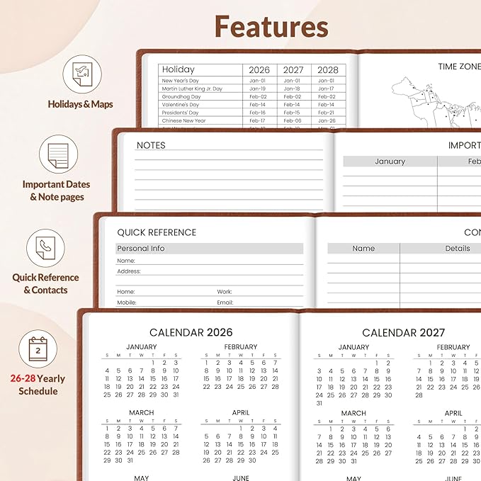 SUNEE 2026 Pocket Weekly Planner for Purse 3.5" x 6" - 12 Month (January 2026 - December 2026), Small Size Planner, Hardcover, Note, Brown