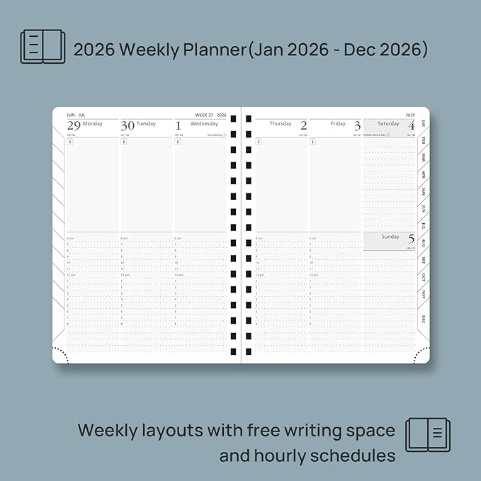 POPRUN 2026 Planner (Medium Size 8.5'' x 6.25'' Wire-Bound Hard Cover) Daily Weekly and Monthly Calendar - Agenda 2026 (Jan.2026-Dec.2026) with Hourly Schedule, Monthly Tabs - Light Yellow
