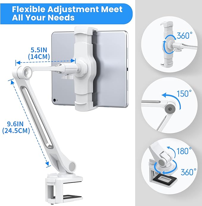 AboveTEK iPad Desk Mount, Multi-Angle Adjustable Tablet Clamp Holder, 360° Swivel Arm Aluminum Tablets Stand, Fits 4"-11" Tablet/Phone/iPad mini for Home Office Kitchen Bedside (White)