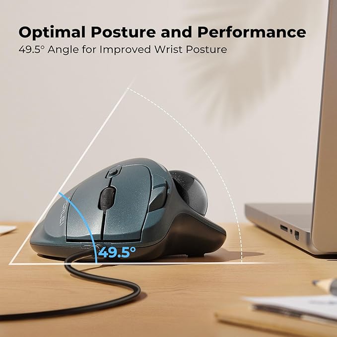 Wired Trackball Mouse with RGB Lighting, Ergonomic Thumb Control to Reduce Muscle Strain, 5 Adjustable DPI, Dual USB-C & USB-A Connectivity, Compatible with PC, Laptop, Mac, Windows-Black