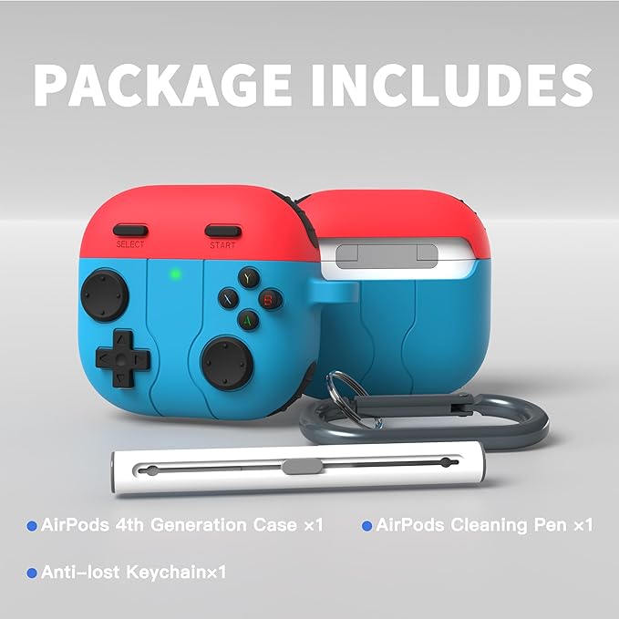 DamonLight Game Case for AirPods 4 Cover Shock-Proof Protective Silicone Case with Cleaning Pen and Keychain Accessories for Apple Airpods 4th Generation (Blue & Red)