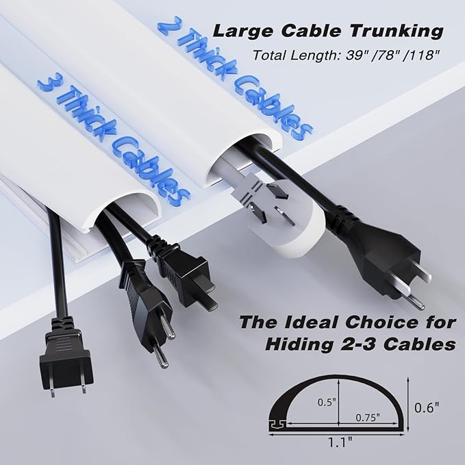 78" Silicone Cord Hider for 2-3 Cords,Flexible Side-Opening Self-Adhesive Cord Covers for Wires on Wall Mount TV,Easier Setup for Home Office Cable Management Wire Hider,1.1" W x 0.6" H,White