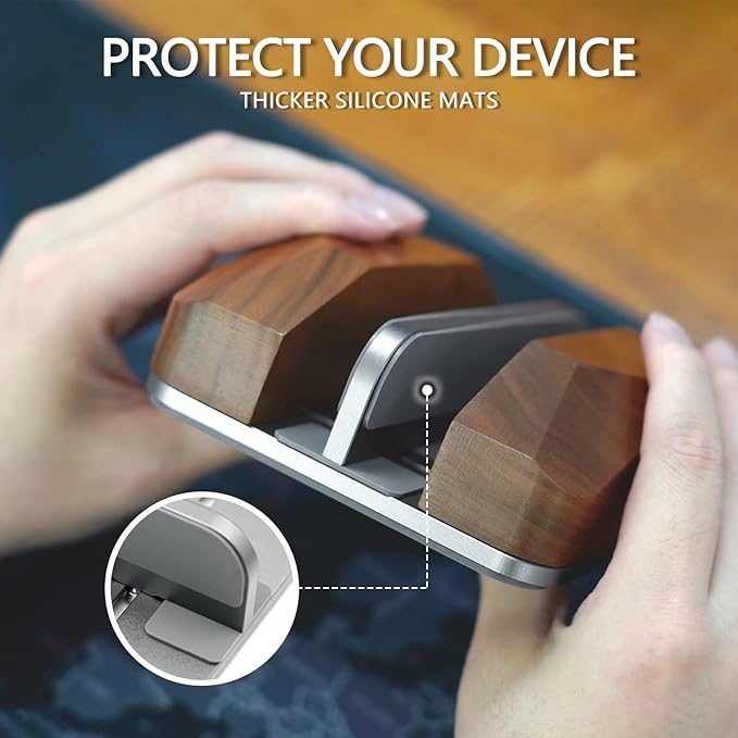 GEVO Dual Laptop Holder Vertical Laptop Stand, Natural Wood, Adjustable Dock, Wooden Laptop Stand, Vertical Laptop Holder for Desk, Widen Dock Fits All MacBook/Surface Pro 2 Devices (Black Walnut)