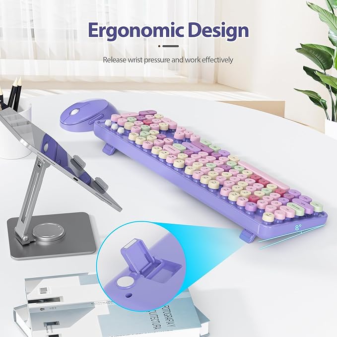 Fogruaden Purple Keyboard and Mouse Wireless, Retro Typewriter Keyboard, 2.4GHz 104 Keys Full Size Cute Keyboard with Number Pad, Purple Colorful Keyboard with Round Keycap for Windows PC Laptop