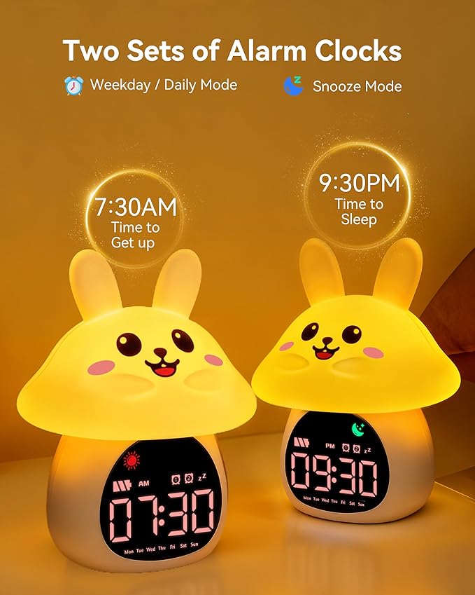 Yiliaw Sleep Training Alarm Clock with Night Light for Kids - Ok to Wake Clock with Dual Alarms, Night Light & RGB Colors, 6 Alarm Tones & White Noise, Rechargeable Clock for Boys & Girls, Bunny
