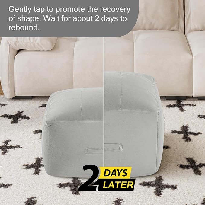 MeMoreCool Square Stuffed Pouf Ottoman Foot Rest, Floor Pouf Foot Stool with Foam Chunk Filling, Soft Stuffed Ottoman Footrest for Living Room, Light Grey