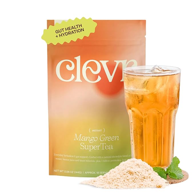 Clevr Mango Green SuperTea, 18 Servings, Hydration Organic Green Tea Blend with Coconut Water, Lemon Juice, 30mg Caffeine, 1 Billion Probiotics for Gut Health, Sea Salt, Trace Minerals, 5.08 oz