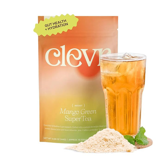 Clevr Mango Green SuperTea, 18 Servings, Hydration Organic Green Tea Blend with Coconut Water, Lemon Juice, 30mg Caffeine, 1 Billion Probiotics for Gut Health, Sea Salt, Trace Minerals, 5.08 oz