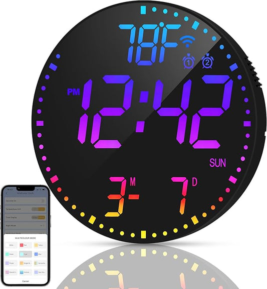 Kasbin 12” Smart Digital Wall Clock with App Control, Auto Brightness, Dual Alarm, Date/Temp(°F/°C) Display - 12 RGB Colors for Bedroom, Living Room, Office, Ideal Gift for Seniors