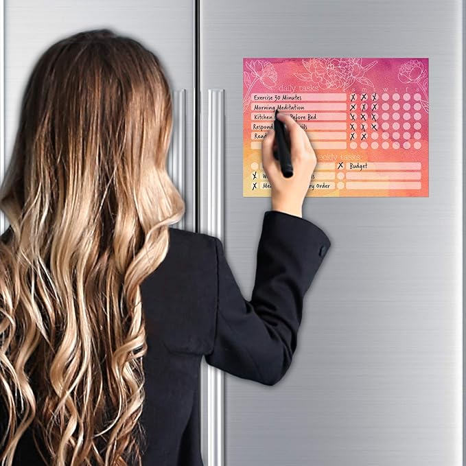 Dry Erase Whiteboard Task Planner | Removable and Restickable Adhesive Decal | Fine-Tip Magnetic Marker Included (9 x 12 inches, Peony)