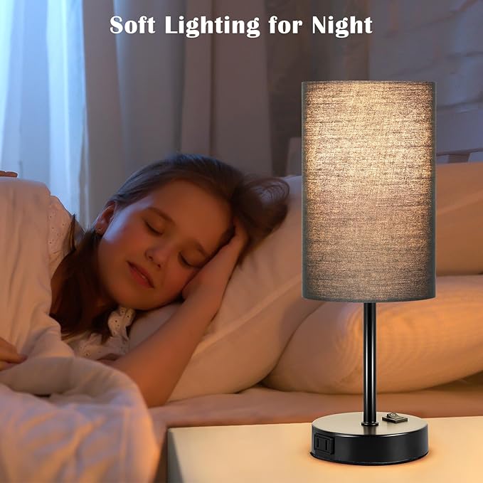 ZJOJO Table Lamp for Bedroom Set of 2, Bedside Small Lamps with 3 Way Dimmable Rocker Switch and AC Outlet, Nightstand Desk Lamp with Black Fabric Shade Black Base for Living Room Home Decor Lights