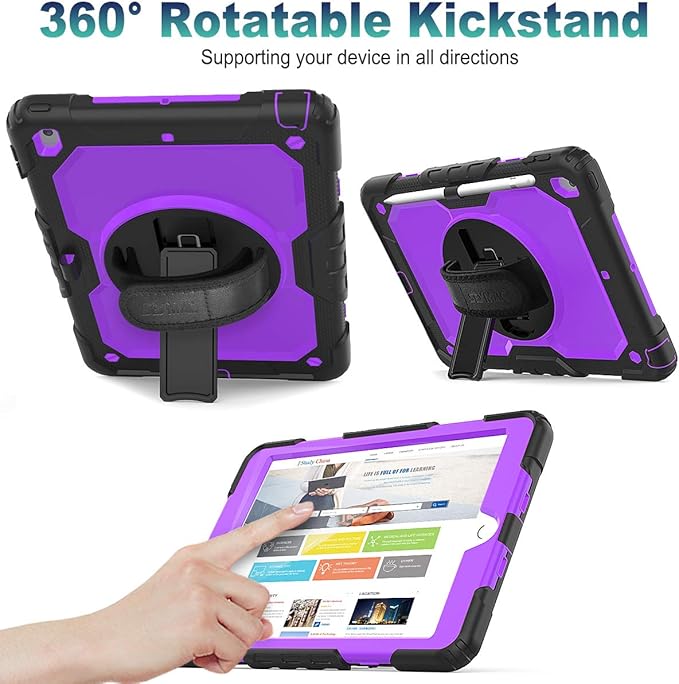 SEYMAC stock Case for iPad 9th/ 8th/ 7th Generation 10.2'', Shockproof with Screen Protector, Pencil Holder [360° Rotating Hand Strap] & Stand, for iPad 10.2 inch 2021-2019 (Purple+Black)