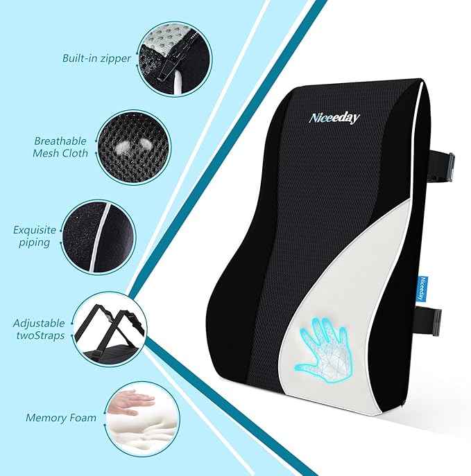 Lumbar Support Pillow for Office Chair Car Back Support Pillow, Memory Foam Gaming Chair Desk Chair Back Cushion for Lower Back Pain Relief, Ergonomic Back Rest with Double Adjustable Straps