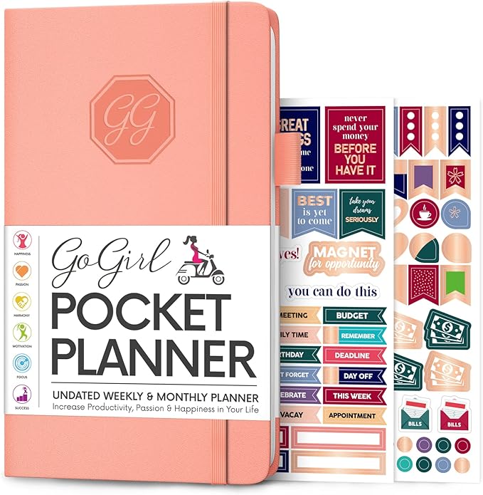 GoGirl Planner and Organizer for Women – Pocket Weekly Planner, Goals Journal & Agenda for Time Management & Productivity. Undated (Peach Pink)