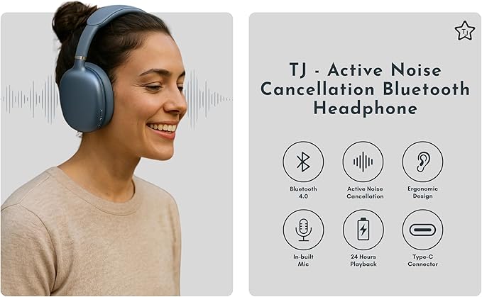 TJ Active Noise Cancelling Bluetooth Over Ear Headphones | Supersoft Leather Wireless Headset Wired Built-in MIC 24H Playtime High Res Audio Travel/Work/School/Students/Running/Gym (Blue)