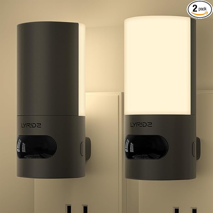 Lyridz Plug-in LED Rotatable Night Light with Motion Sensor, Dimmable Backlit Nightlight with 1-150lm Adjustable Brightness for Bathroom, Bedroom, Hallway, Stairs, 2 Pack