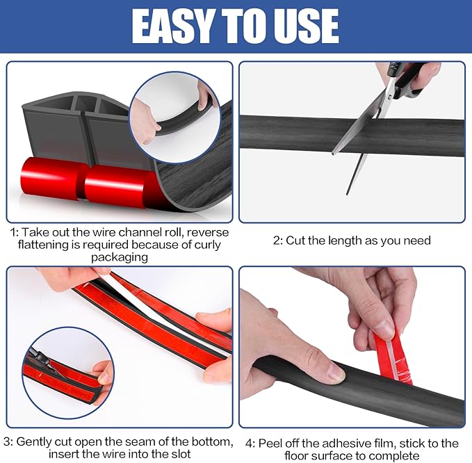 Floor Cord Cover Self Adhesive Cord Hider,10FT Cable Management, Extension Strip Protector for Wires, Prevent Cable Trips for Offices, Gyms, Exhibitions Cavity:0.39"(W) x 0.27"(H) Wooddarkblack