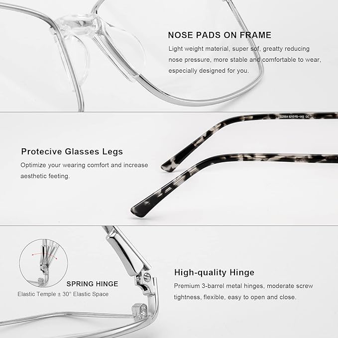 RB. Pilot Reading Glasses Spring Hinge Readers for Women Blue Light Blocking Computer Metal Frame Acetate Legs