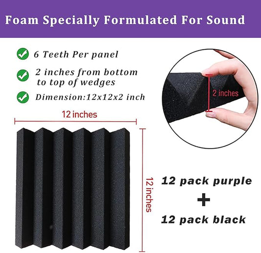 24 Pack Acoustic Panels,2" x 12" x 12"Sound Proof Foam Panels for Wall,Fireproof Absorbing Noise Cancelling Panels,to Absorb Noise and Eliminate Echoes. (12 Purple+12 Black)