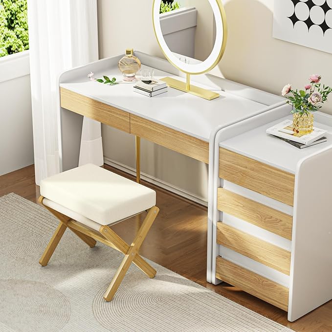 Foldable Foot Stool Ottoman, Modern Foot Rest with Bamboo X Legs & Thick Foam Cushion, Folding Foot Stools Small Padded for Bedroom Living Room, Makeup Vanity Stool Chair (Natural - Beige)