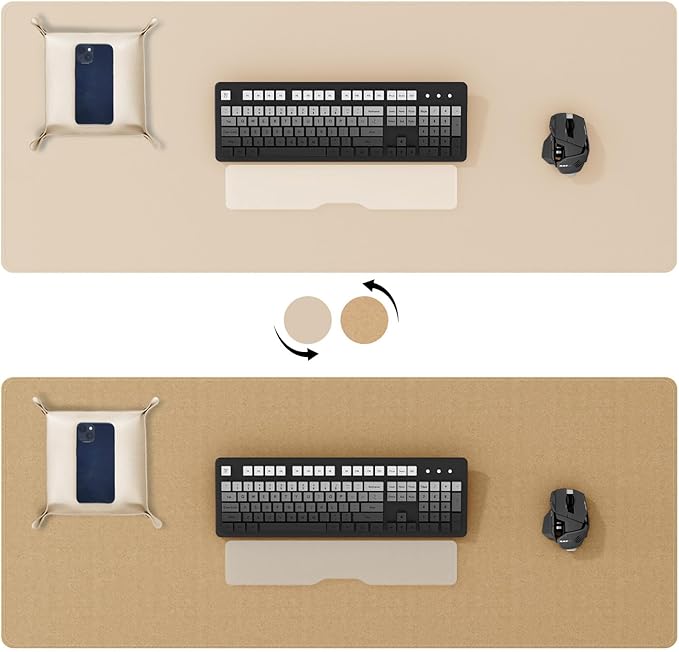 DAWNTREES Dual Sided Desk Mat,Leather Desk Pad,35.5"x17",Cork Desk Mat Protector,with PU Leather Valet Tray Organizer,Large Mouse Pad,Desk Writing Pad for Office and Home(Khaki)