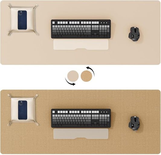 DAWNTREES Dual Sided Desk Mat,Leather Desk Pad,35.5"x17",Cork Desk Mat Protector,with PU Leather Valet Tray Organizer,Large Mouse Pad,Desk Writing Pad for Office and Home(Khaki)