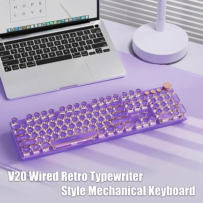 Typewriter Style Mechanical Gaming Keyboard White LED Backlit 104-Key NKRO Pink Switches Retro Round Keycaps Golden Ring Volume Knob Metal Panel Wired USB-C Detachable Cable, Purple
