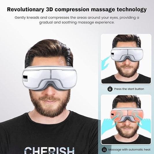Eye Massager with Heat,Heated Eye Mask, Compression Massage,Eye Massager for Migraine Relief, Reduces Dark Circles & Strain, Improves Sleep, Ideal Gift for Men/Women,White
