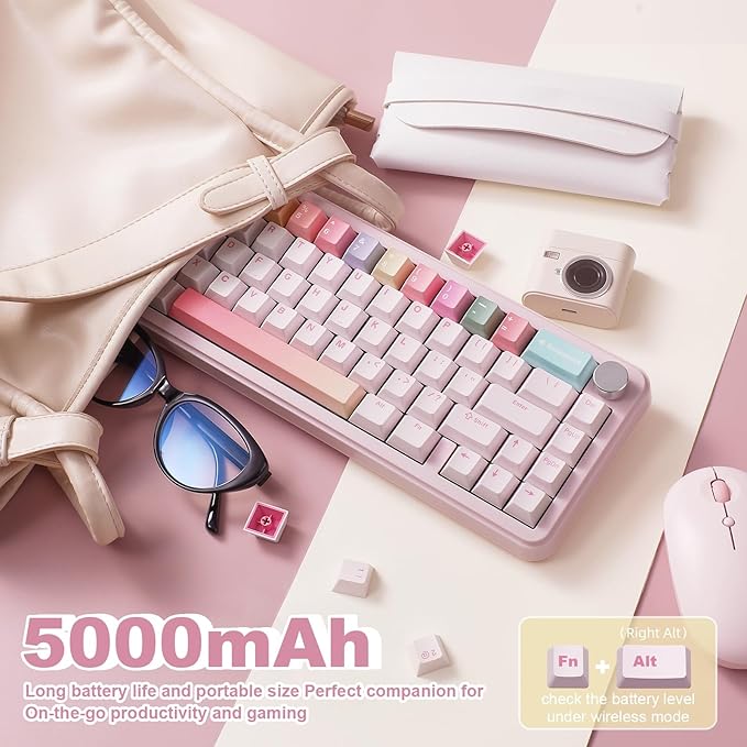 YUNZII B68 Wireless Mechanical Keyboard,Tri-Mode BT5.0/2.4GHz/USB-C,Cute PBT Keycaps,Hot Swappable Creamy Typing Gasket Mounted,RGB Backlit NKRO for Win/Mac (Pink, Milk V2 Switch)