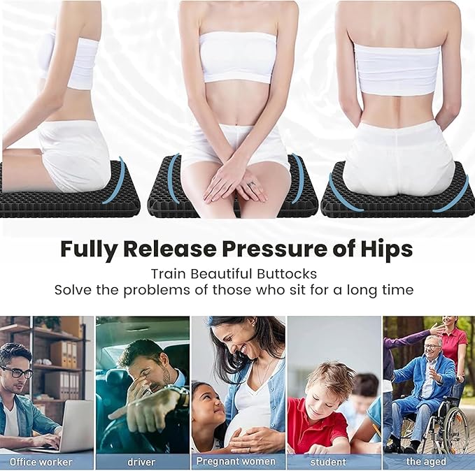 Gel Seat Cushion, Super Large Gel Cushion Chair Pads with Non-Slip Cover for Home Office Car Seat Wheelchair, Soft Breathable Honeycomb Seat Cushion for Relieve Hip Pain, As Seen On TV (Black)