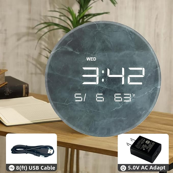 Digital Wall Clock with LED Display, 13" Calendar & Temperature, Automatic Dimming, 12/24hr Format, Wall & Desk Use - HUI-7855