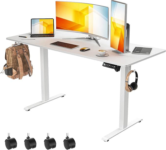 55 x 24 inch Electric Standing Desk Adjustable Height with 4 Wheels, 4 Memory Height Settings, 2 Headphone Hook, for Home Office, Splice Board White