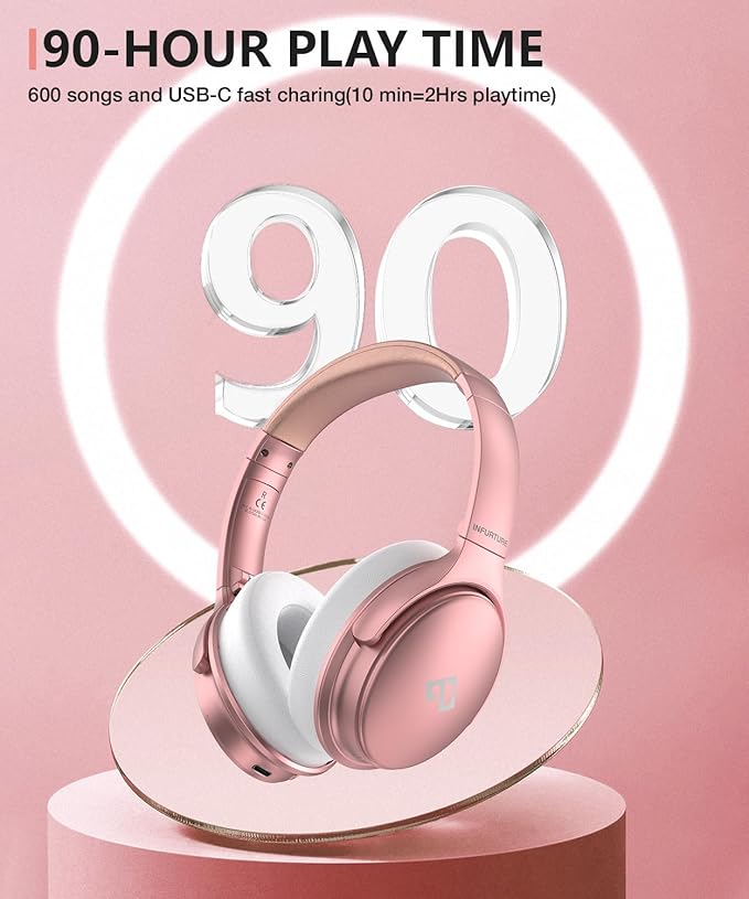 INFURTURE Rose Gold Active Noise Cancelling Headphones with Microphone Wireless Over Ear Bluetooth Headphones, Deep Bass, Memory Foam Ear Cups, Quick Charge 90H Playtime, for Travel/Sports/Audiobooks