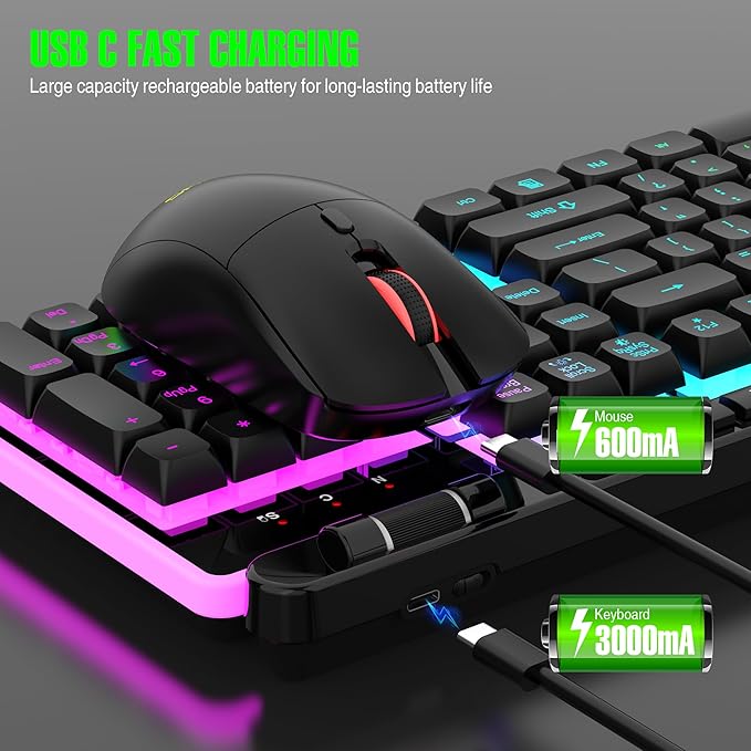Wireless Keyboard and Mouse Combo, Gaming Keyboard Rechargeable Cool RGB Backlight, 7KEYS Full-Size Keyboard with Ergonomic, Light up Gaming Mouse 3200 DPI for PC Desk/Laptop/MAC