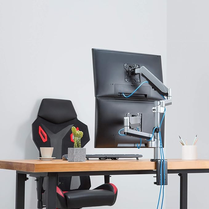AVLT Dual 13 to 27 in Stacked Monitor Arm Desk Mount, Fits Two Flat or Curved Screens, Full Motion Height Adjustable Swivel Tilt Rotation, VESA C-Clamp Grommet Cable Management