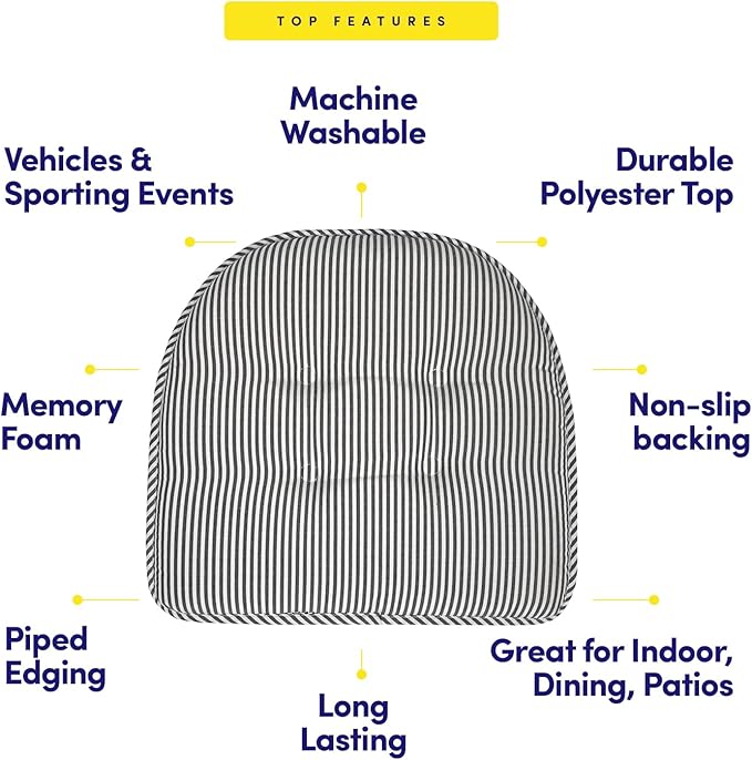 Sweet Home Collection Chair Cushion Memory Foam Pads Tufted Slip Non Skid Rubber Back U-Shaped 17" x 16" Seat Cover, 2 Count (Pack of 1), Pinstripe Charcoal