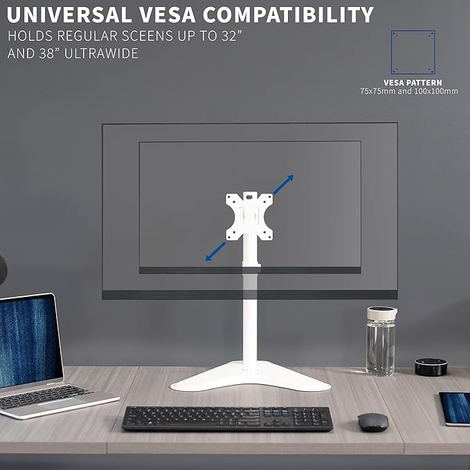 VIVO Single Monitor Desk Stand, Holds Screens up to 32 inch Regular and 38 inch Ultrawide, Freestanding VESA Steel Mount Base, Adjustable Height, Tilt, Swivel, Rotation, White, STAND-V001HW