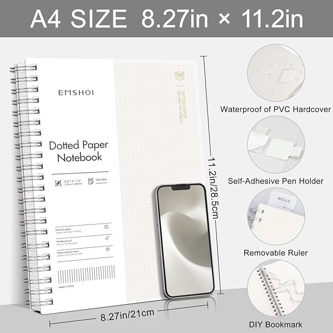 EMSHOI A4 Spiral Notebook Bullet Dotted journal, Dotted Grid Notebook with 300 Pages, 100gsm Thick Paper, Waterproof Softcover Notebook for School Work Writing, 8.27" × 11.2" - Transparent