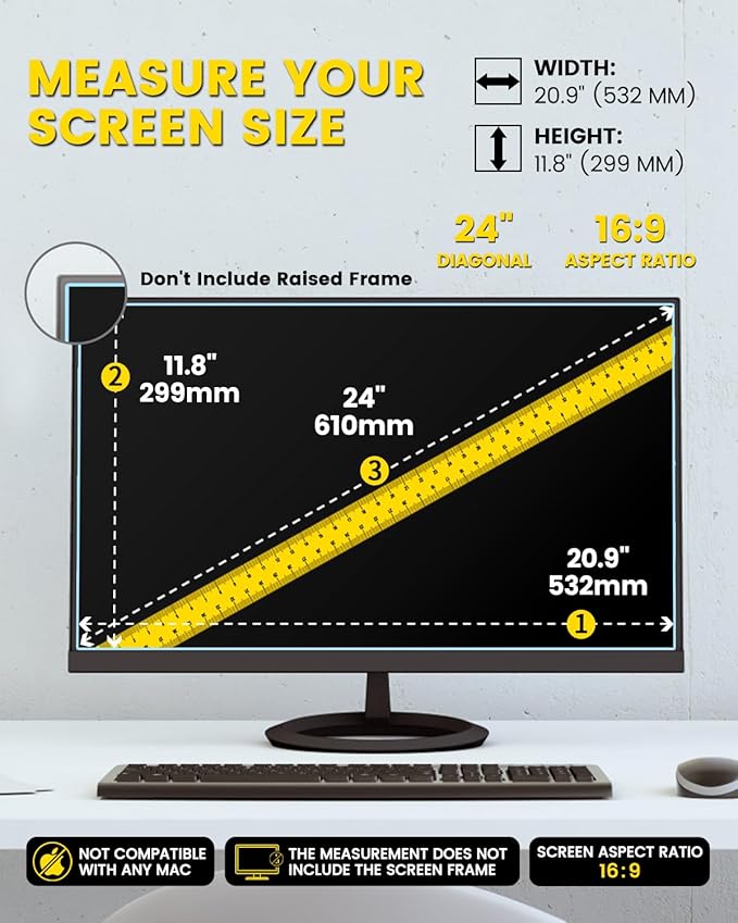 F FORITO 24 Inch 16:9 360°Privacy Screen Protector for Computer Monitor, Removable Eye Protection Anti Blue Light Anti Glare Computer Screen Privacy Shield for All 24" Widescreen Monitors