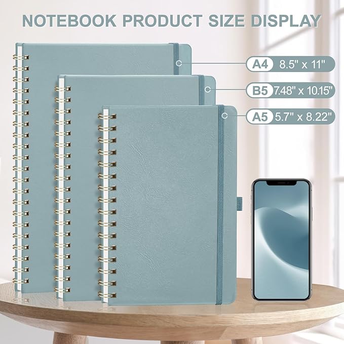 AHGXG Graph Paper Notebook - Spiral Notebook 8.5" x 11", A4 Large Hardcover Leather Journal Grid Notebook, 100 gsm Thick Graph Paper,Journals for School Writing Graphing Engineering Math, GrayBlue