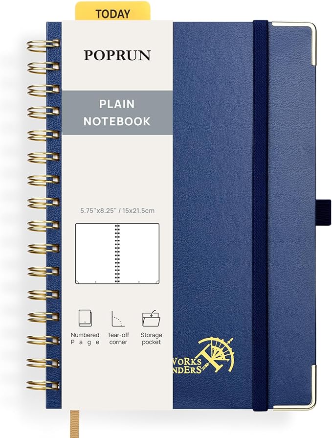 POPRUN Blank Journal Notebook, [A5-5.75'' x 8.25''] - 120 GSM Thick Paper, 141 Numbered Pages, Spiral Hardcover for Men & Women with Pocket, Index Tabs, 8 Perforated Sheets, Navy Blue
