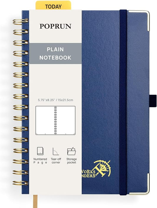 POPRUN Blank Journal Notebook, [A5-5.75'' x 8.25''] - 120 GSM Thick Paper, 141 Numbered Pages, Spiral Hardcover for Men & Women with Pocket, Index Tabs, 8 Perforated Sheets, Navy Blue