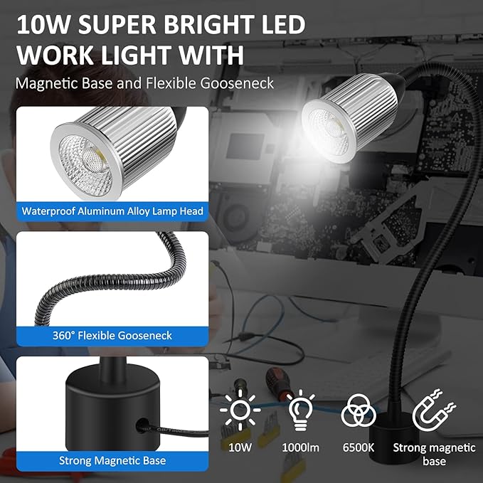 10W Magnetic Machine LED Work Light with Flexible Gooseneck and Magnetic Base, 1000lm, 6500k Magnetic Base Tool Lamp for Work Bench, lathe, Sewing Machine, Grill, Shop, Industrial Lighting