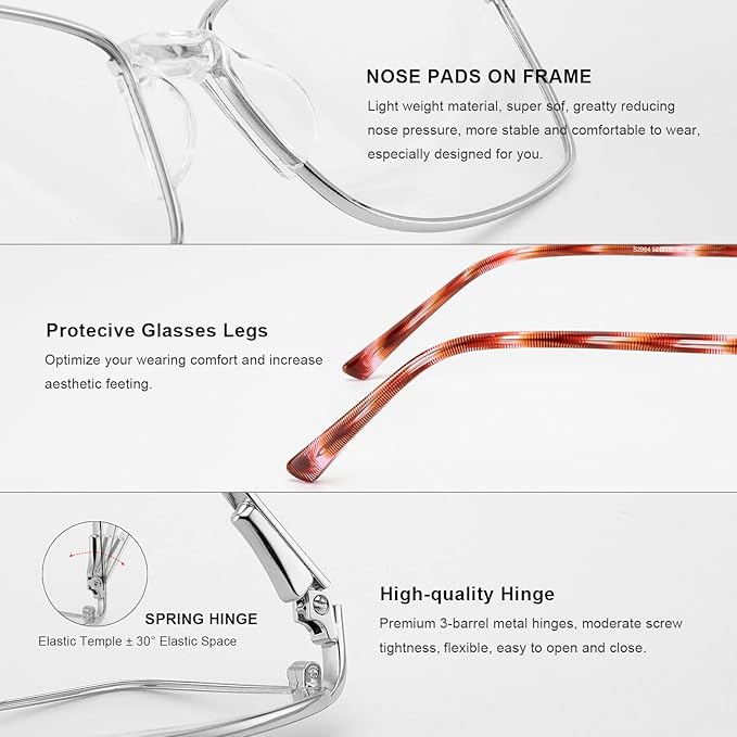 RB. Pilot Reading Glasses Spring Hinge Readers for Women Blue Light Blocking Computer Metal Frame Acetate Legs