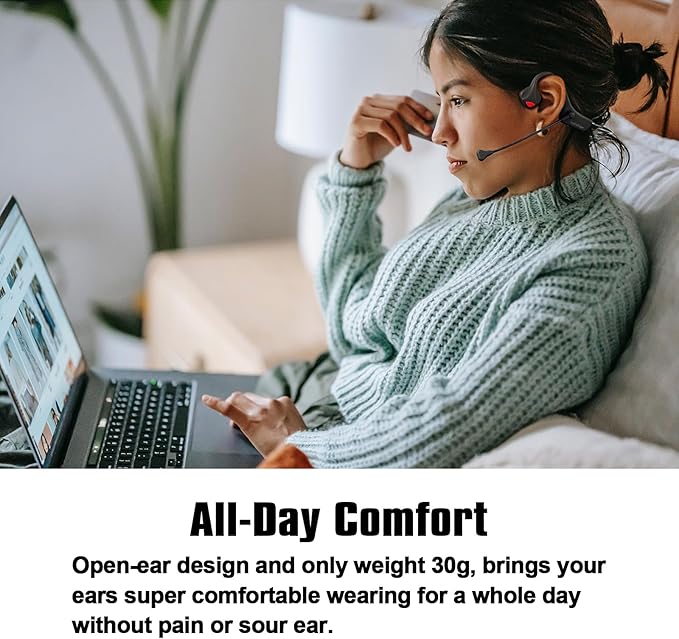 Bone Conduction Headphones Bluetooth with Mic Wireless Computer Headsets with Microphone Open Ear Bluetooth Earphones Noise Cancelling Multi-Point Connection for PC, Working